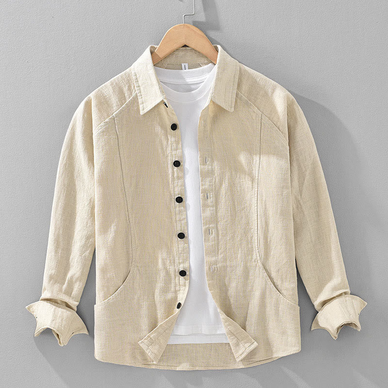 Camisa de manga larga con solapa y bolsillos de algodón ramio liso de otoño para hombre de Buddha Stones - Amarillo vara de oro claro - US/UK/AU42, EU52 (3XL) - image 0