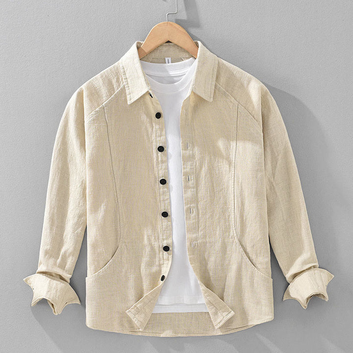 Camisa de manga larga con solapa y bolsillos de algodón ramio liso de otoño para hombre de Buddha Stones - Amarillo vara de oro claro - US/UK/AU42, EU52 (3XL) - image 0