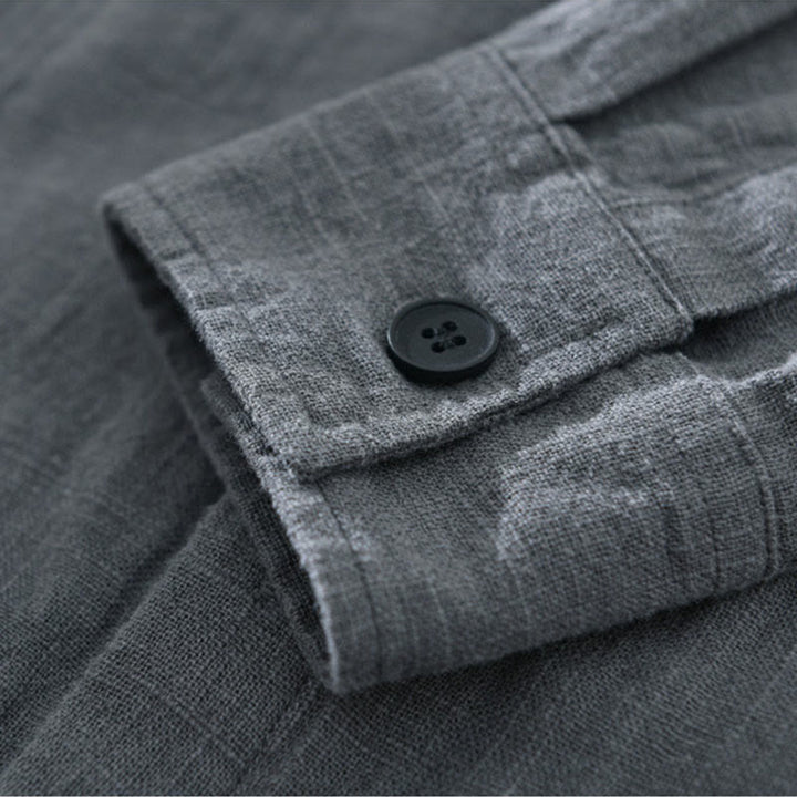 Camisa de manga larga con solapa y bolsillos de algodón ramio liso de otoño para hombre de Buddha Stones - image 10