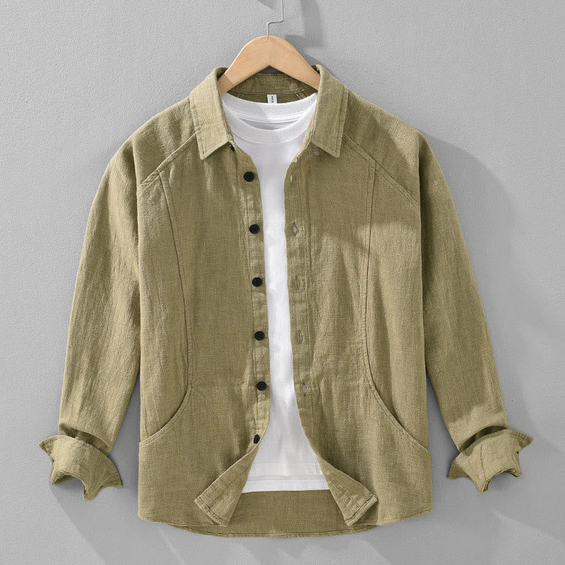 Camisa de manga larga con solapa y bolsillos de algodón ramio liso de otoño para hombre de Buddha Stones - Caqui oscuro - US/UK/AU42, EU52 (3XL) - image 15