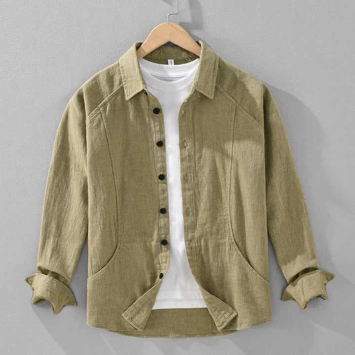 Camisa de manga larga con solapa y bolsillos de algodón ramio liso de otoño para hombre de Buddha Stones - Caqui oscuro - US/UK/AU42, EU52 (3XL) - image 15