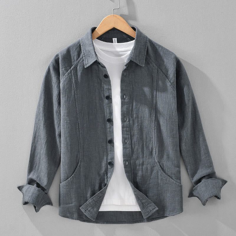 Camisa de manga larga con solapa y bolsillos de algodón ramio liso de otoño para hombre de Buddha Stones - Gris pizarra - US/UK/AU42, EU52 (3XL) - image 5