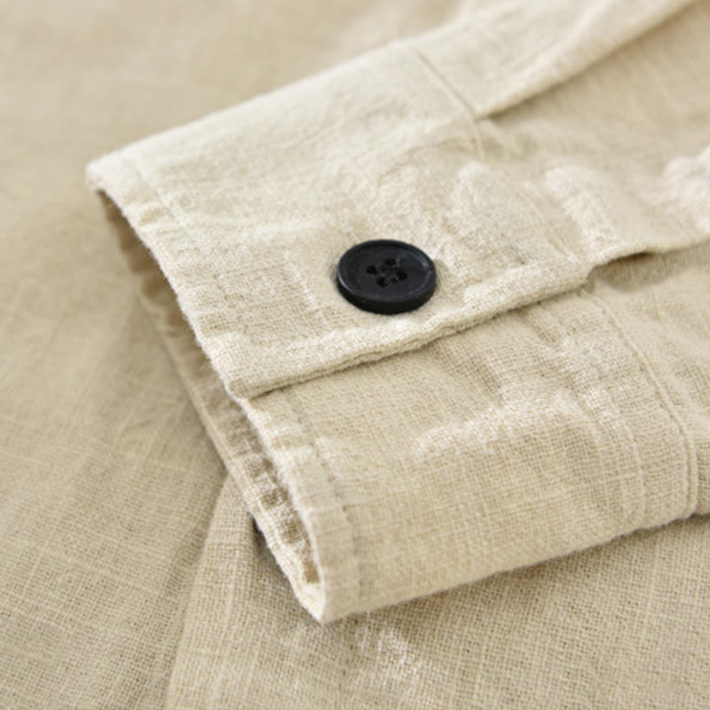 Camisa de manga larga con solapa y bolsillos de algodón ramio liso de otoño para hombre de Buddha Stones - image 4