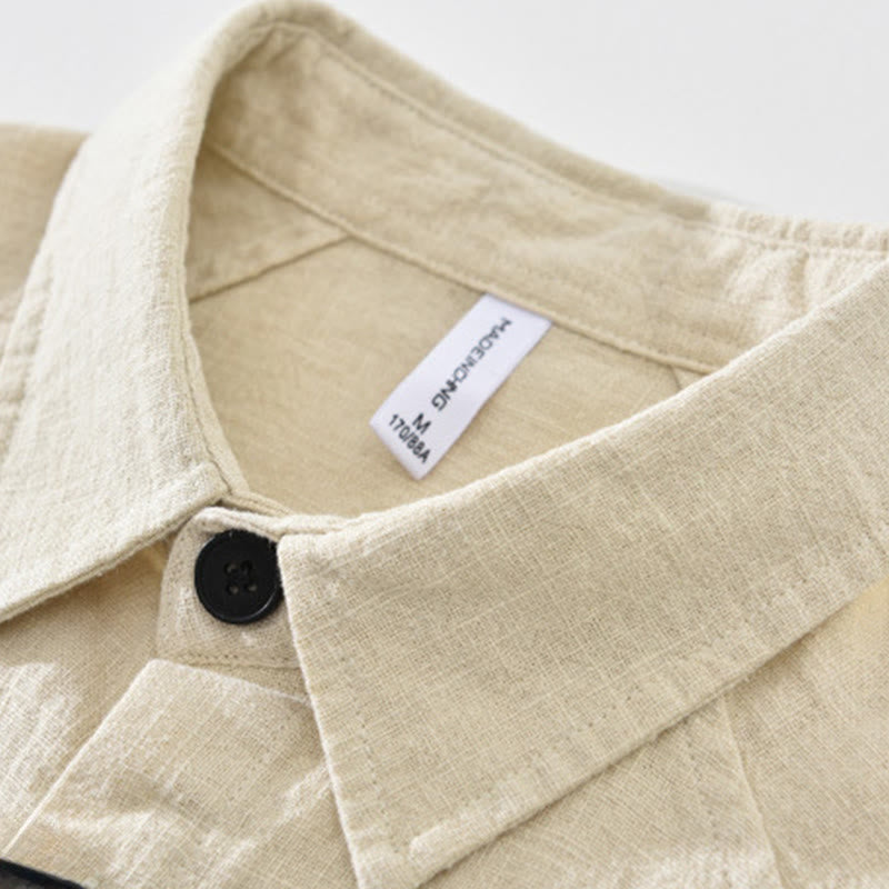 Camisa de manga larga con solapa y bolsillos de algodón ramio liso de otoño para hombre de Buddha Stones - image 1