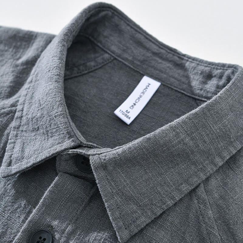 Camisa de manga larga con solapa y bolsillos de algodón ramio liso de otoño para hombre de Buddha Stones - image 7
