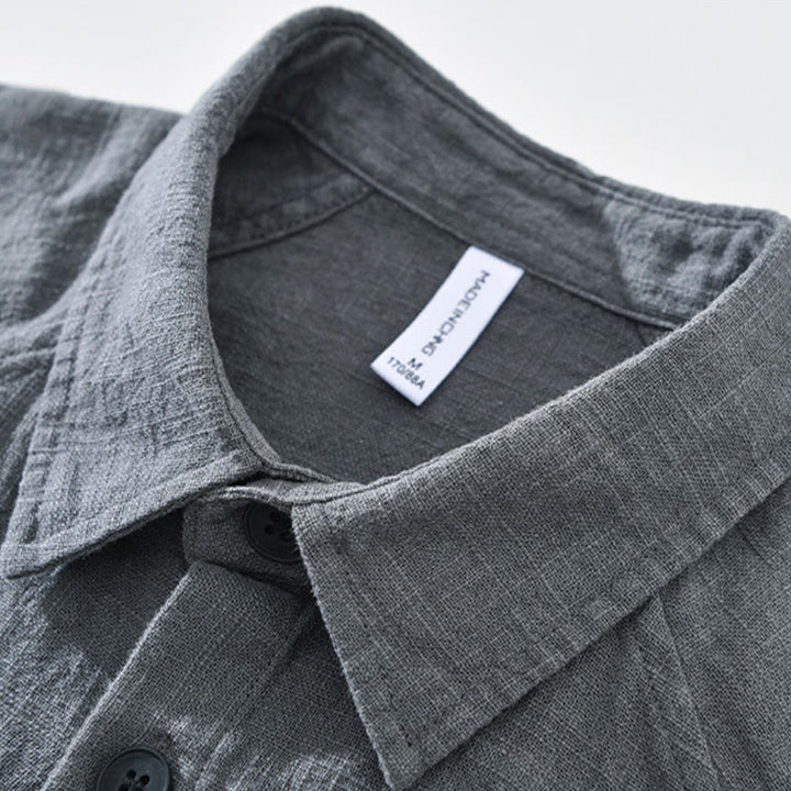 Camisa de manga larga con solapa y bolsillos de algodón ramio liso de otoño para hombre de Buddha Stones - image 7