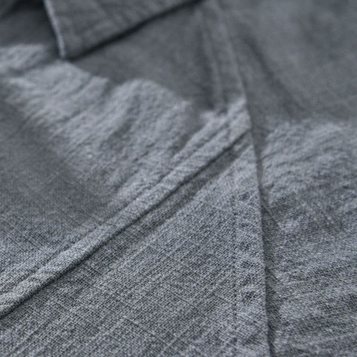 Camisa de manga larga con solapa y bolsillos de algodón ramio liso de otoño para hombre de Buddha Stones - image 8