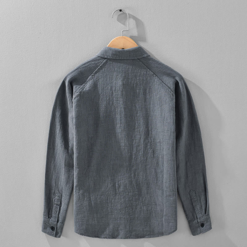 Camisa de manga larga con solapa y bolsillos de algodón ramio liso de otoño para hombre de Buddha Stones - image 6