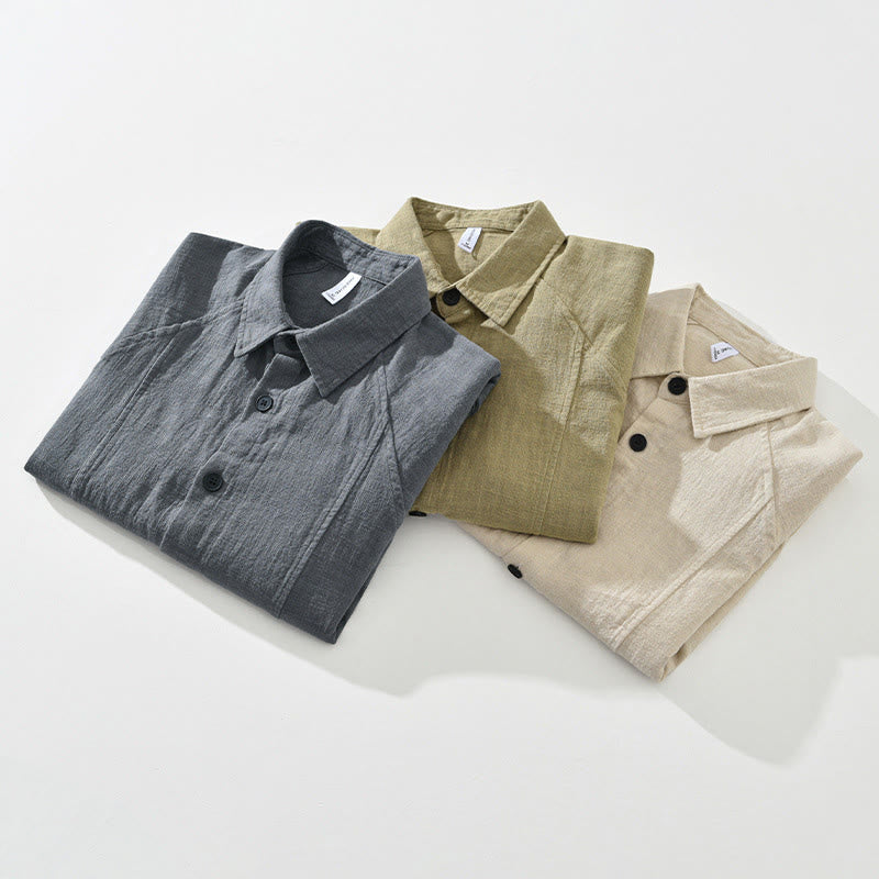 Camisa de manga larga con solapa y bolsillos de algodón ramio liso de otoño para hombre de Buddha Stones - image 16