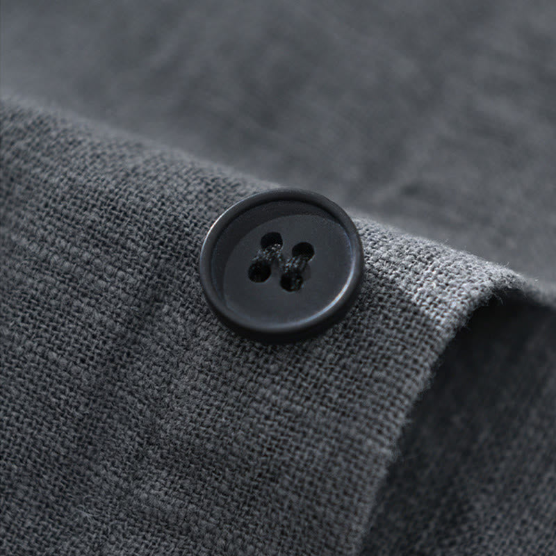 Camisa de manga larga con solapa y bolsillos de algodón ramio liso de otoño para hombre de Buddha Stones - image 12