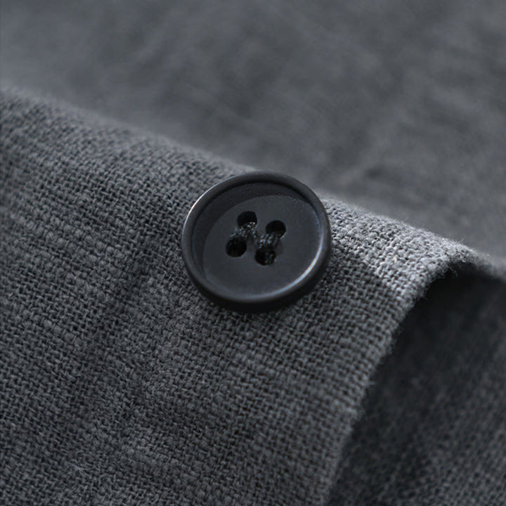 Camisa de manga larga con solapa y bolsillos de algodón ramio liso de otoño para hombre de Buddha Stones - image 12