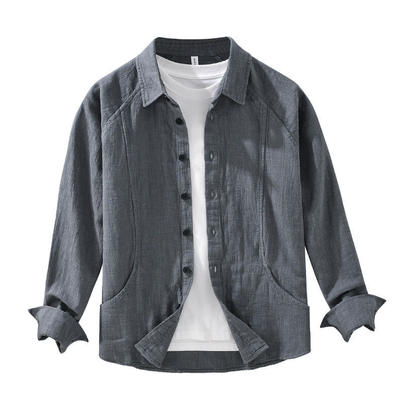 Camisa de manga larga con solapa y bolsillos de algodón ramio liso de otoño para hombre de Buddha Stones - image 14