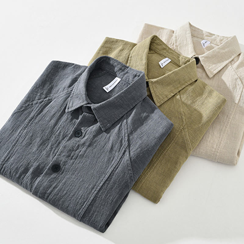 Camisa de manga larga con solapa y bolsillos de algodón ramio liso de otoño para hombre de Buddha Stones - image 17