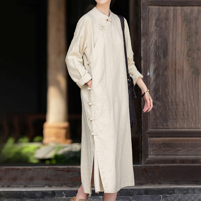 Vestido midi de lino y algodón con diseño chino de rana, manga larga y bolsillos, con estampado de Buddha Stones otoñales - image 2