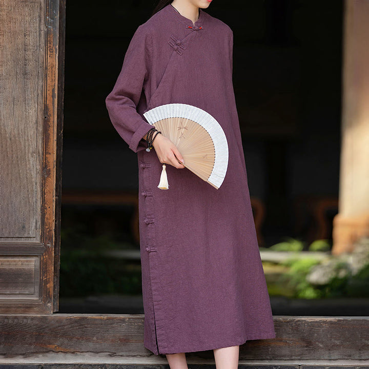 Vestido midi de lino y algodón con diseño chino de rana, manga larga y bolsillos, con estampado de Buddha Stones otoñales - image 10