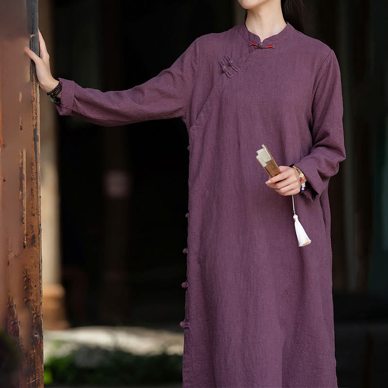 Vestido midi de lino y algodón con diseño chino de rana, manga larga y bolsillos, con estampado de Buddha Stones otoñales - image 12