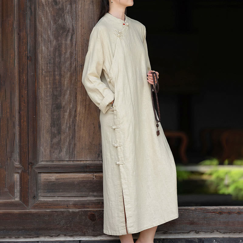 Vestido midi de lino y algodón con diseño chino de rana, manga larga y bolsillos, con estampado de Buddha Stones otoñales - image 3