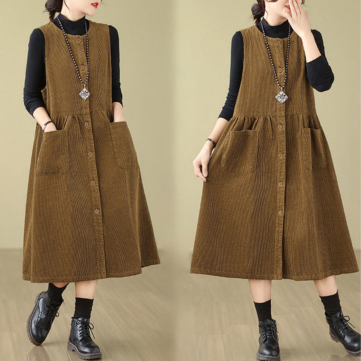 Vestido midi sin mangas de pana de algodón con diseño retro de Buddha Stones otoñales y bolsillos. - image 17