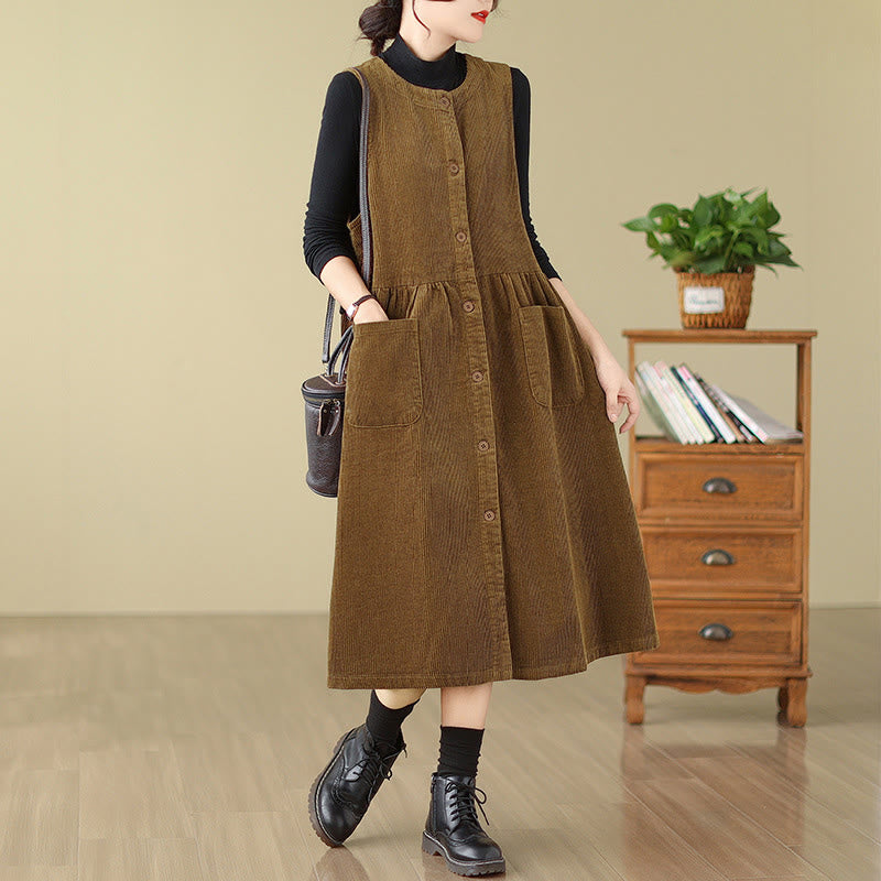 Vestido midi sin mangas de pana de algodón con diseño retro de Buddha Stones otoñales y bolsillos. - Vara de oro oscura - US12, UK/AU16, EU44 (3XL) - image 12