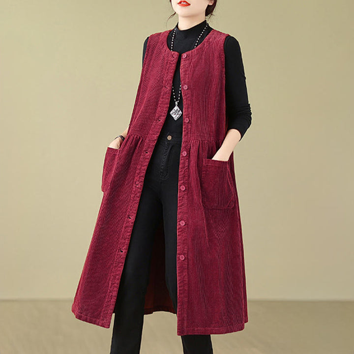 Vestido midi de pana sin mangas con diseño retro de botones y bolsillos de Buddha Stones Fall - image 23