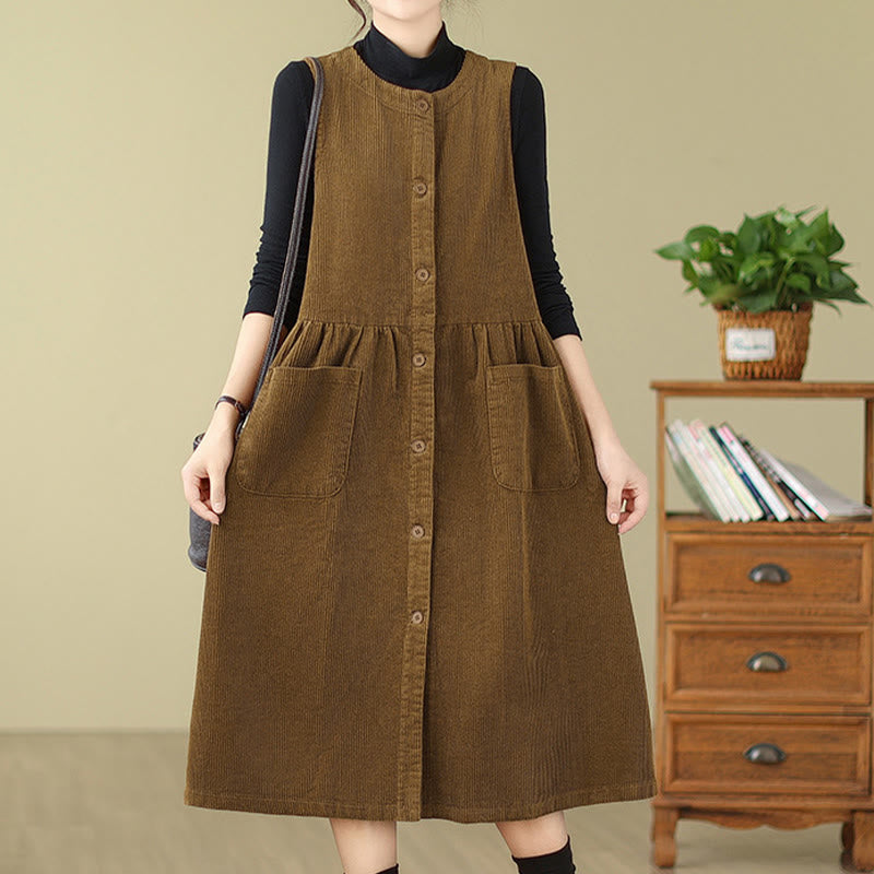 Vestido midi sin mangas de pana de algodón con diseño retro de Buddha Stones otoñales y bolsillos. - image 16