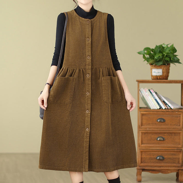Vestido midi sin mangas de pana de algodón con diseño retro de Buddha Stones otoñales y bolsillos. - image 16
