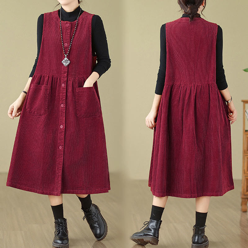 Vestido midi sin mangas de pana de algodón con diseño retro de Buddha Stones otoñales y bolsillos. - image 24