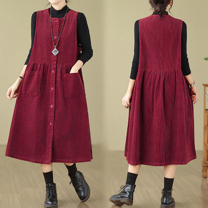 Vestido midi sin mangas de pana de algodón con diseño retro de Buddha Stones otoñales y bolsillos. - image 24