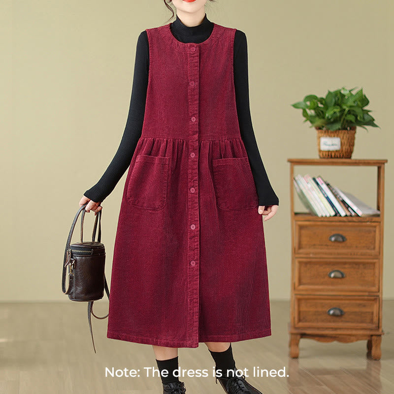 Vestido midi sin mangas de pana de algodón con diseño retro de Buddha Stones otoñales y bolsillos. - image 21