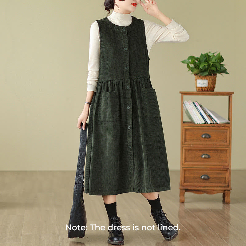 Vestido midi sin mangas de pana de algodón con diseño retro de Buddha Stones otoñales y bolsillos. - image 7