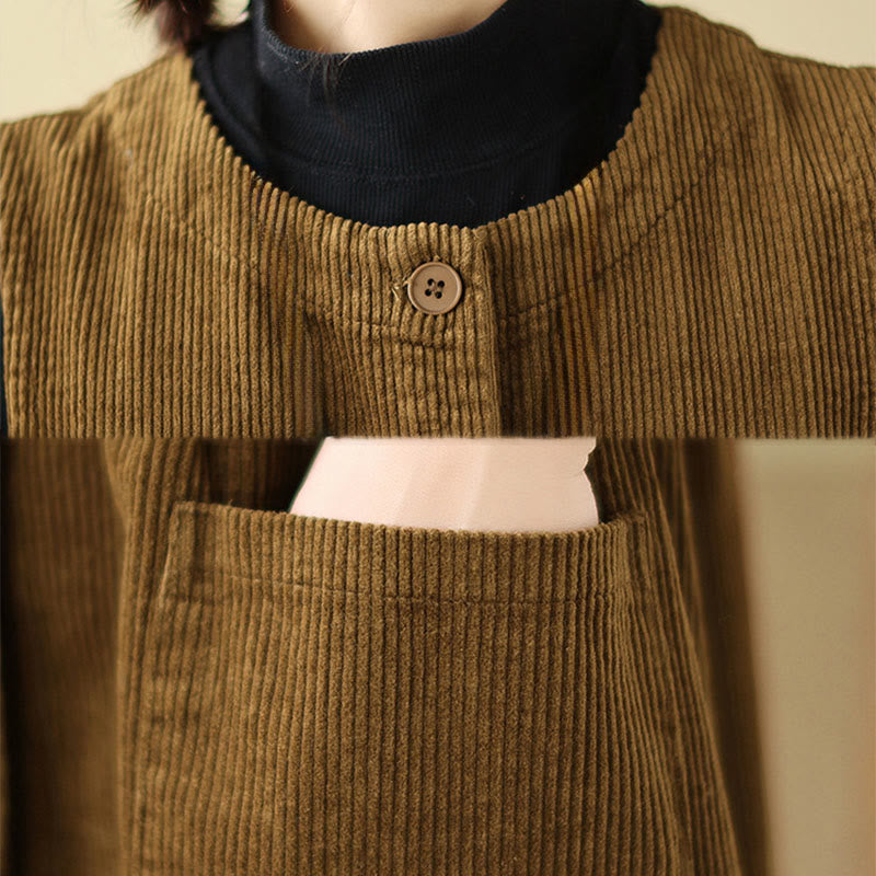 Vestido midi de pana sin mangas con diseño retro de botones y bolsillos de Buddha Stones Fall - image 18