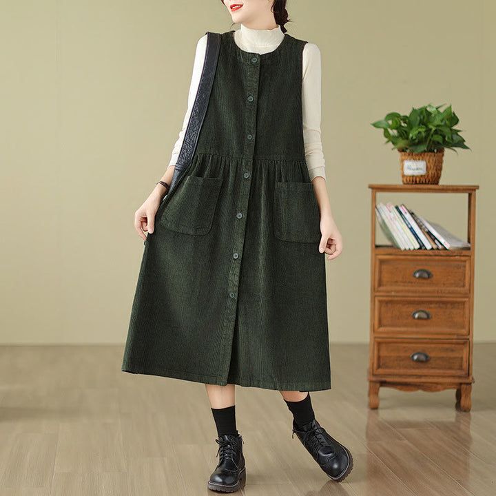 Vestido midi sin mangas de pana de algodón con diseño retro de Buddha Stones otoñales y bolsillos. - Verde oscuro - US12, UK/AU16, EU44 (3XL) - image 6
