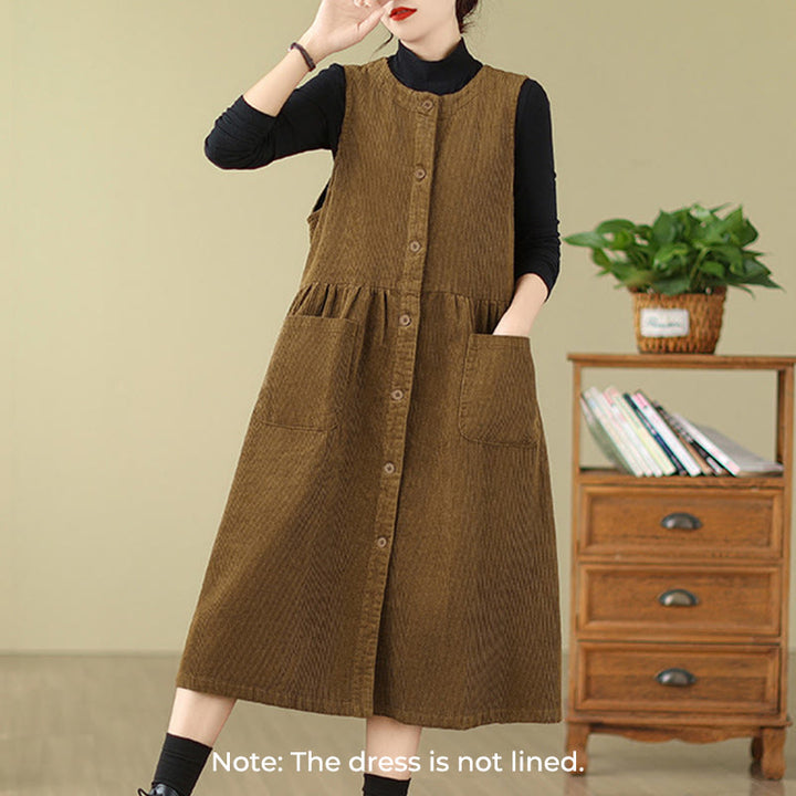 Vestido midi sin mangas de pana de algodón con diseño retro de Buddha Stones otoñales y bolsillos. - image 13