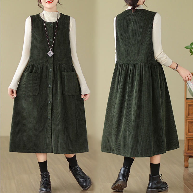 Vestido midi sin mangas de pana de algodón con diseño retro de Buddha Stones otoñales y bolsillos. - image 11
