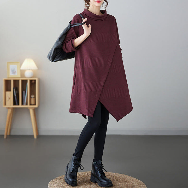 Vestido midi de invierno con diseño de dobladillo irregular, cuello alto, manga larga y bolsillos de Buddha Stones - Ladrillo refractario - US14，UK/AU18，EU46 (2XL) - image 4