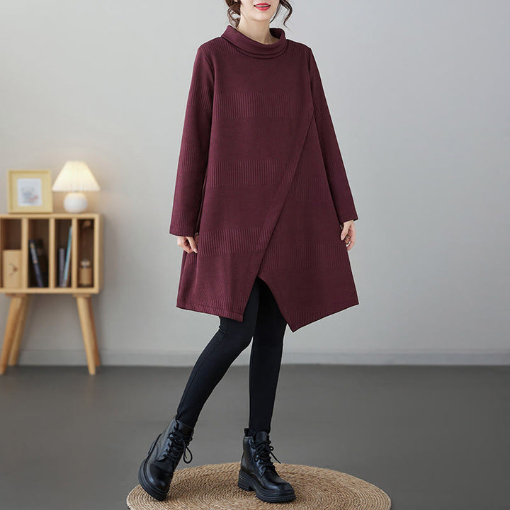 Vestido midi de invierno con diseño de dobladillo irregular, cuello alto, manga larga y bolsillos de Buddha Stones - image 5