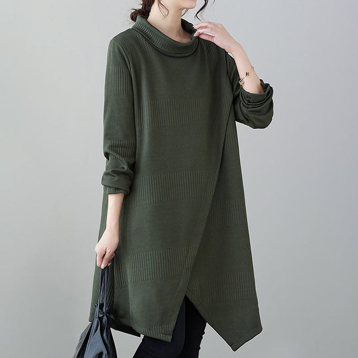 Vestido midi de algodón de manga larga con cuello alto, bolsillos y diseño de dobladillo irregular de Buddha Stones para invierno - image 3