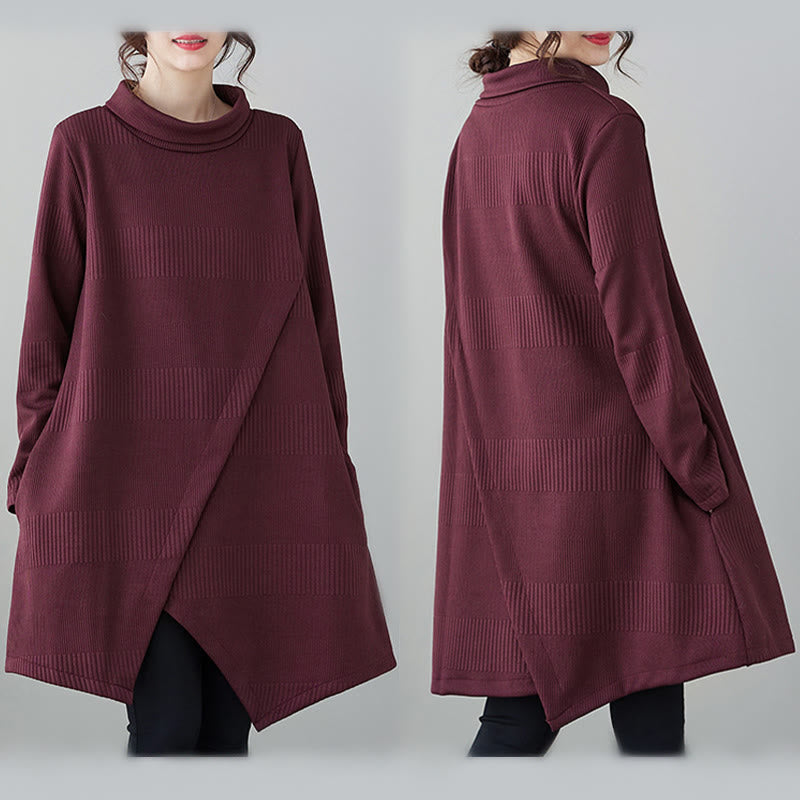 Vestido midi de manga larga con cuello alto y diseño irregular de Buddha Stones para invierno, con bolsillos. - image 10