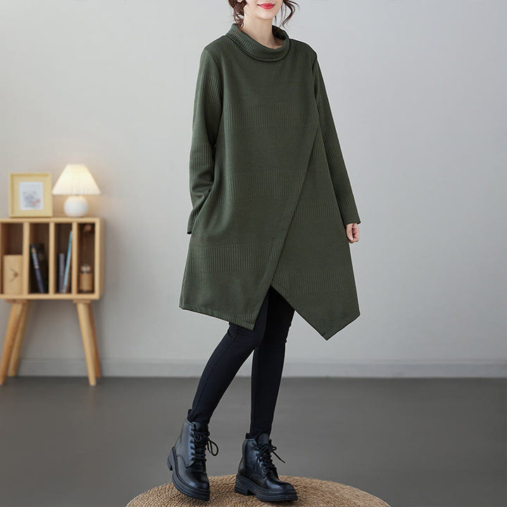 Vestido midi de invierno con diseño de dobladillo irregular, cuello alto, manga larga y bolsillos de Buddha Stones - image 2