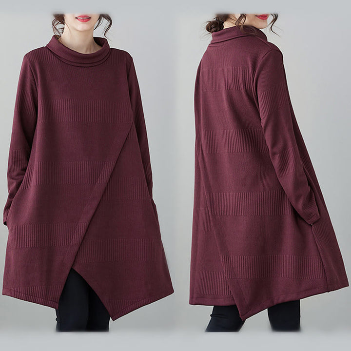 Vestido midi de algodón de manga larga con cuello alto, bolsillos y diseño de dobladillo irregular de Buddha Stones para invierno - image 10