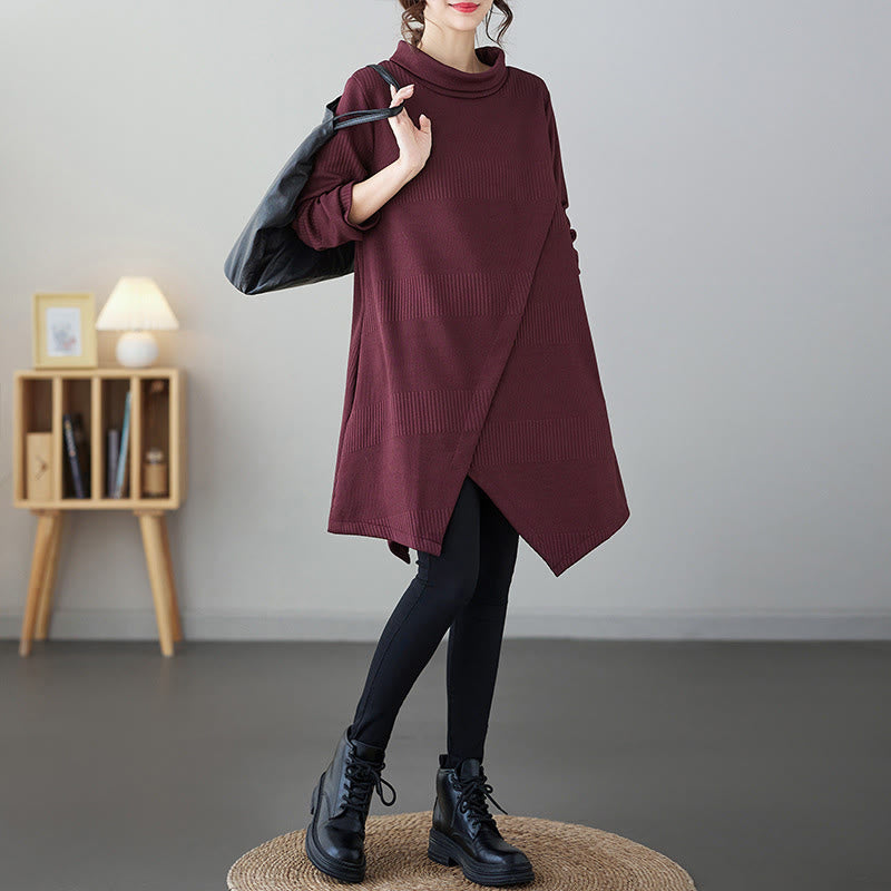 Vestido midi de algodón de manga larga con cuello alto, bolsillos y diseño de dobladillo irregular de Buddha Stones para invierno - Ladrillo refractario - US14，UK/AU18，EU46 (2XL) - image 4
