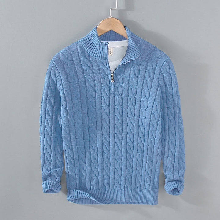 Suéter de algodón de manga larga para hombre con cuello alto, cremallera y textura de invierno de Buddha Stones - Azul aciano - US/UK/AU42, EU52 (3XL) - image 15