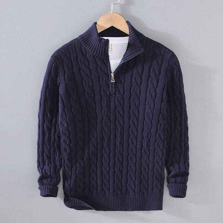 Suéter de algodón de manga larga para hombre con cuello alto, cremallera y textura de invierno de Buddha Stones - Azul medianoche - US/UK/AU42, EU52 (3XL) - image 3