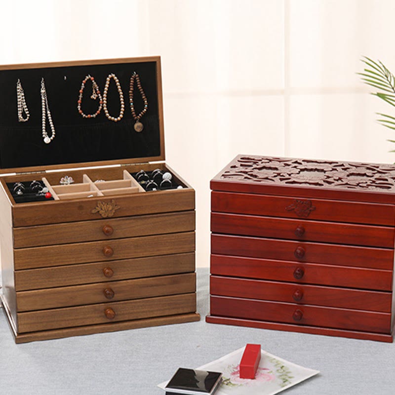 Caja de joyería de madera tallada con flores vintage de gran capacidad con Buddha Stones, caja de almacenamiento de joyas de seis capas - image 1