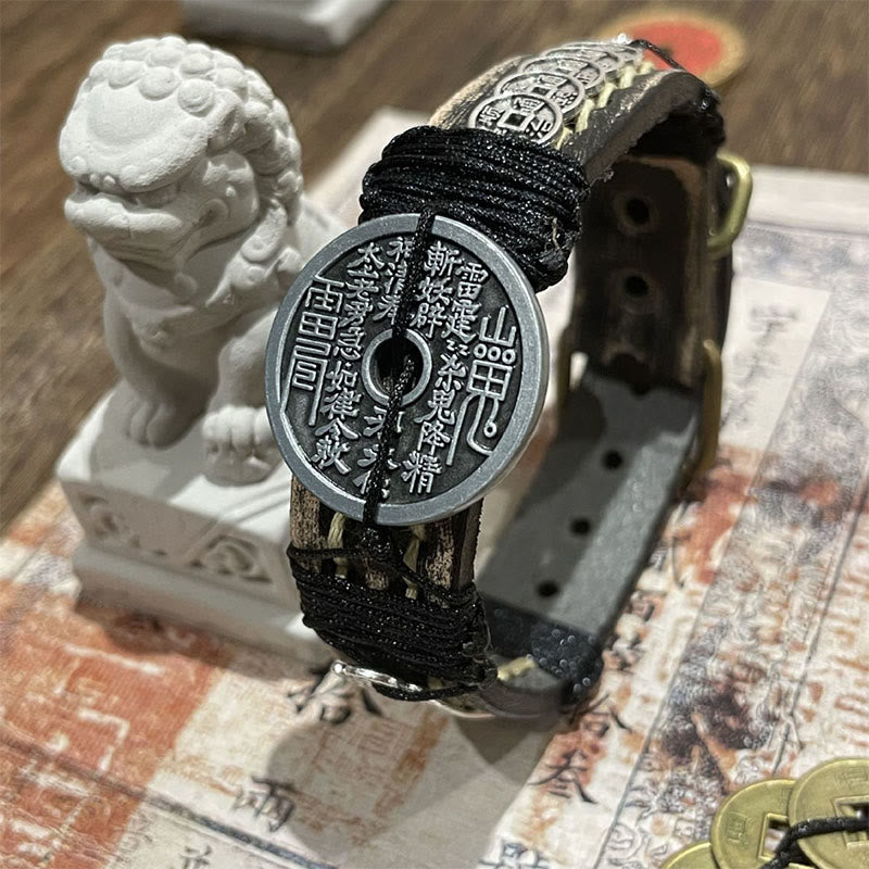 Pulsera de cuero con Buddha Stones , monedas de los cinco emperadores, fantasmas de la montaña, dinero gastado y suerte.  - Monedas de los Cinco Emperadores (circunferencia de la muñeca: 15-18 cm) - image 0