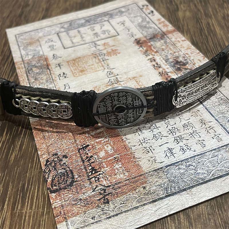 Pulsera de cuero con Buddha Stones , monedas de los cinco emperadores, fantasmas de la montaña, dinero gastado y suerte.  - image 3