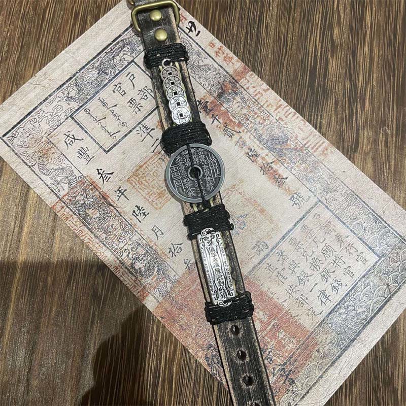 Pulsera de cuero con Buddha Stones , monedas de los cinco emperadores, fantasmas de la montaña, dinero gastado y suerte.  - image 2