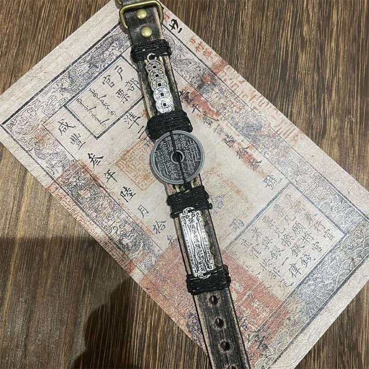 Pulsera de cuero con Buddha Stones , monedas de los cinco emperadores, fantasmas de la montaña, dinero gastado y suerte.  - image 2