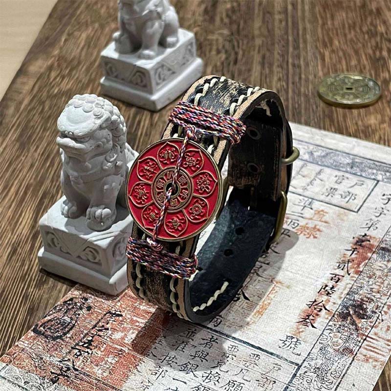 Pulsera de cuero con Buddha Stones, cinabrio, loto, bendición Om Mani Padme Hum  - Om Mani Padme Hum y Cinabrio (Circunferencia de la muñeca: 15-18 cm) - image 0