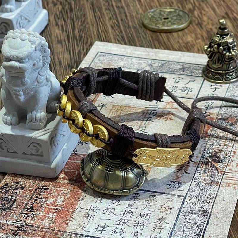Pulsera de cuerda de cuero con Buddha Stones y monedas de los cinco emperadores Pi Xiu  - image 1